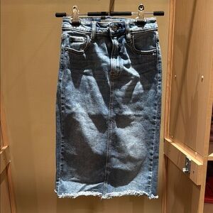Denim Midi Skirt with Frayed Hem